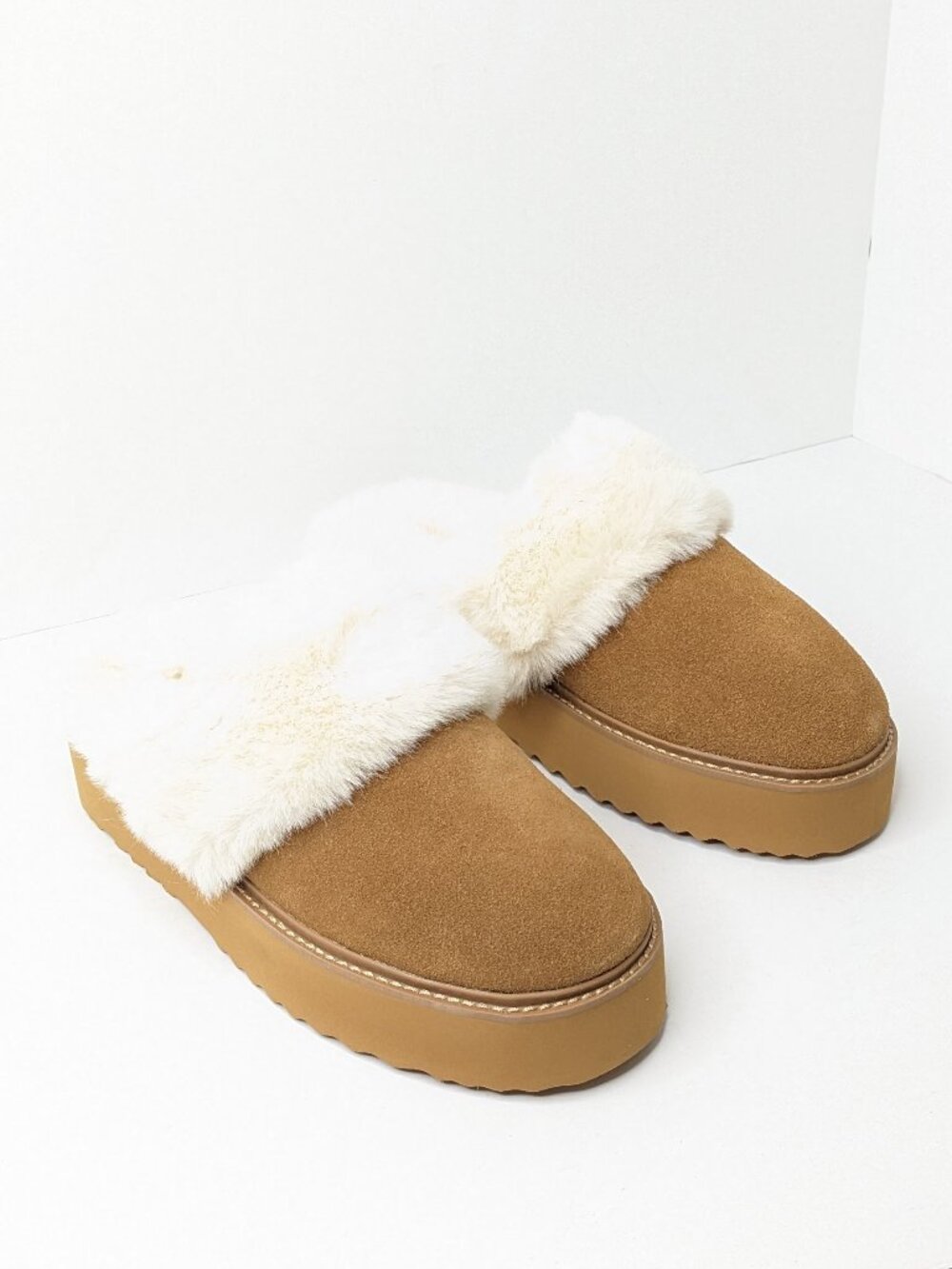 BCTEX Fuzzy Memory Foam Platform Slippers Brown Women's 9